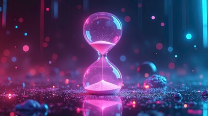 Glowing Hourglass filled with radiant neon pink particles Representing Diverging Timelines ai generative