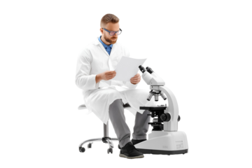 Scientist reviewing research notes beside microscope, focused on discovery and innovation