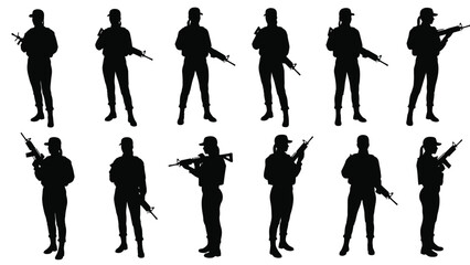 Female Soldiers Silhouettes with Assault Rifles in Various Poses