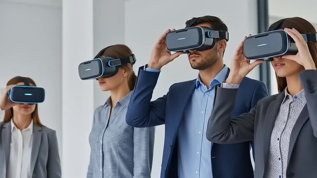 Group of professionals engaged in virtual reality experience in a modern office setting - Powered by Adobe