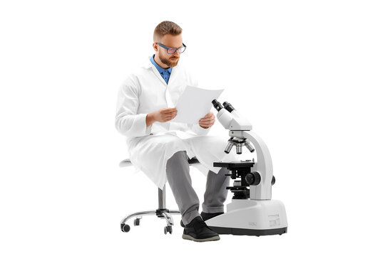 Scientist reviewing research notes beside microscope, focused on discovery and innovation