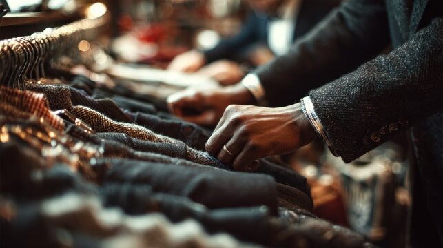 Instore medium shot of a sales associate adjusting clothing on a customer emphasis on hands and fabric details with softly blurred store interior creating cozy ambiance. - Powered by Adobe
