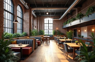 Fototapeta premium Industrial loft cafe with brick walls high ceilings and large windows offers comfortable seating booths and tables. Modern workspace with plants.