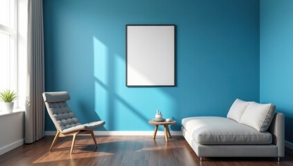 Interior de apartamento moderno, pared azul brillante, suelo de madera, muebles elegantes, póster vacío en la pared, plantilla de maqueta profesional