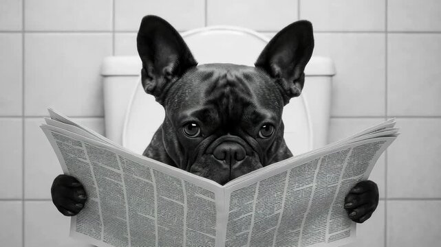 A humorous video concept featuring a French Bulldog reading a newspaper on a toilet. Front-facing angle, monochrome style adds a classic touch. Live desktop wallpaper.