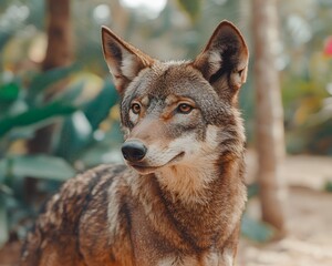 Fototapeta premium Majestic Red Wolf Portrait in Lush Tropical Foliage