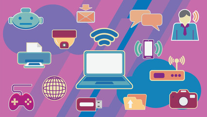 Technology Connection in Life, Electronic Devices Connection Icon Set, Digital Illustration Media Symbols Collection