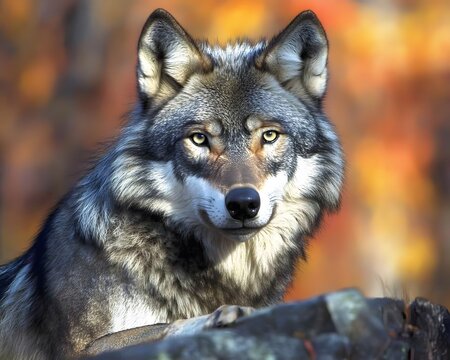 Majestic Gray Wolf Portrait Autumn Background Wildlife Photography