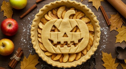 Pumpkin face apple pie with cinnamon and apples