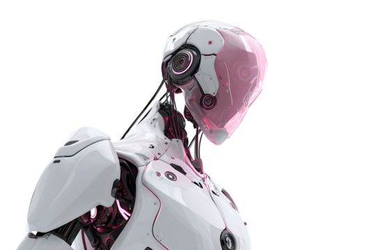 Sleek futuristic android with smooth white casing and glowing pink accents, a symbol of advanced AI.