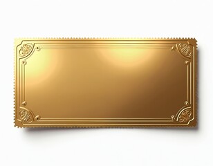Empty gold award certificate or ticket on white background. Elegant blank document with ornate border. Use for prize, recognition, or special event invitation.