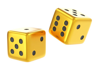 Two golden dice isolated on transparent background