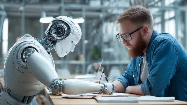 White humanoid robot sits opposite bearded engineer in blue shirt, both working on documents in modern glass office. Collaborative technology scene with advanced robotic interaction