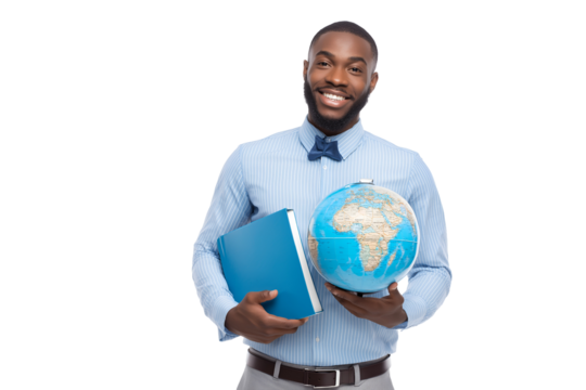 Smiling man holds a globe and book, ready for adventure and learning