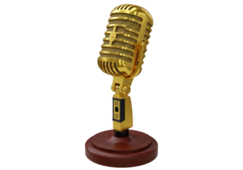 Isolated golden vintage microphone with wooden stand, recording vocal sound for studio use