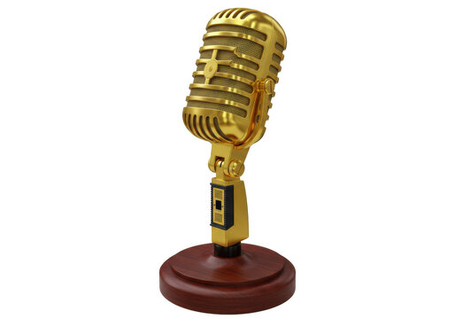 Isolated golden vintage microphone with wooden stand, recording vocal sound for studio use