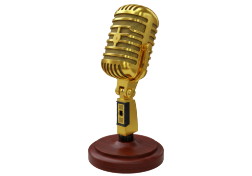 Isolated golden vintage microphone with wooden stand, recording vocal sound for studio use