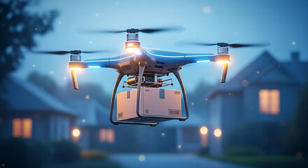 A drone carrying a package flies over a suburban neighborhood at dusk with house lights visible ai generated