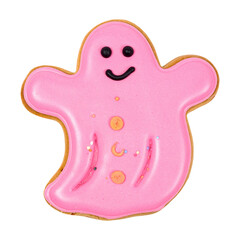 pink ghost-shaped Halloween gingerbread cookie with glitter isolated on transparent background, png