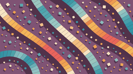 Abstract background with wavy colorful stripes and scattered squares on a purple backdrop design style