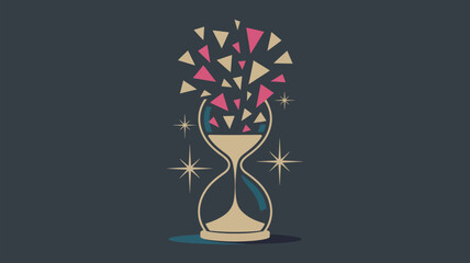 Illustration of an hourglass with triangles and stars on a dark blue gray colored background