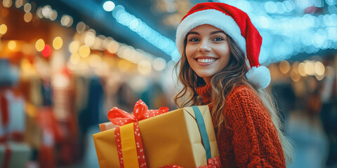 Young smiling woman wearing a Santa hat holding Christmas presents and shopping bags enjoying Christmas shopping at the mall during seasonal promotions