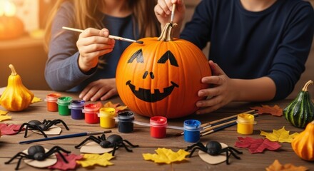 Happy family getting ready to celebrate Halloween. 
Close-up of hands using brushes and paints to paint a pumpkin in Halloween style.