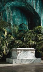 Lush green foliage surrounds a marble platform within a cavern, lit by ethereal light