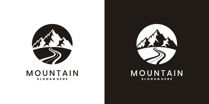 Mountain adventure logo design with road path silhouette