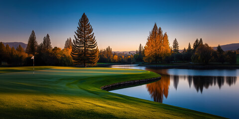 Autumn view of a golf course at sunset, a magnificent view of the landscaped park or golf course.