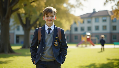 Smiling schoolboy walking in uniform on playground with trees