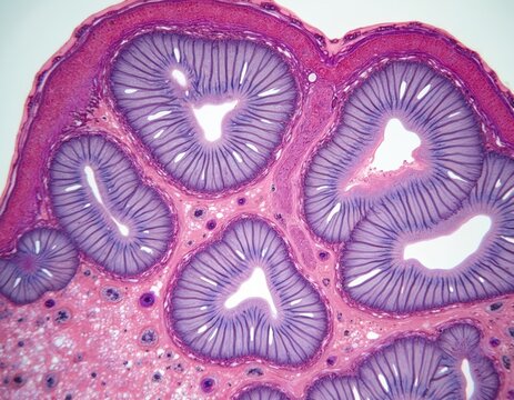 Microscope view of human colon tissue, showing glandular epithelial cells, surrounding connective tissue. Detailed histology crypts of Lieberkuhn structures in pink, purple stain. Focus on cellular