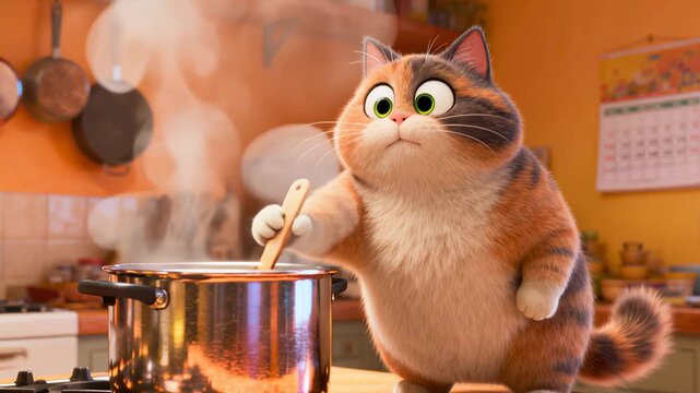 Playful animated cat perched on kitchen counter, investigating steaming pot with wooden spoon, surrounded by warm orange kitchen environment with hanging cookware and soft background details.
