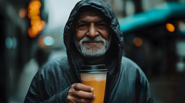 Rainy City Street Portrait Senior Man Coffee