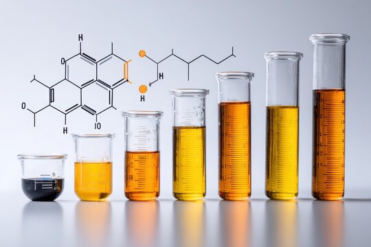 Chemistry. Laboratory flasks and glass beakers filled various colored liquids, orange yellow solutions. Molecular structure model in white background double exposition. Scientific research. Lab scene.