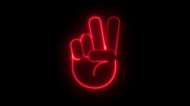 Glowing neon hand with two fingers icon in piece gesture. Abstract two finger icon. glowing Neon V sign hand icon animation on black background. Hand gesture v sign icon for victory. peace icon.