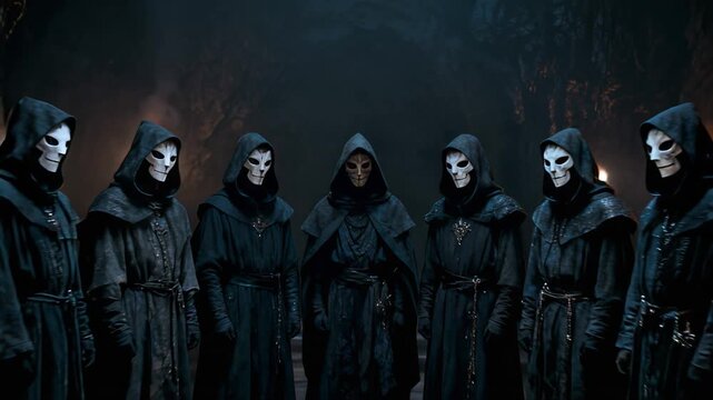 Group of masked figures in black robes standing in circular formation with torchlight. Dark stone chamber with dramatic lighting. Mysterious gathering with ritualistic atmosphere.