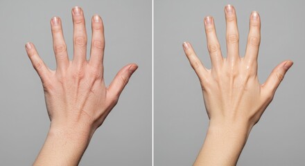 Side-by-side comparison of the back of a human hand, showing a before-and-after effect. The left side displays wrinkles, and textured skin, while the right side shows smoother