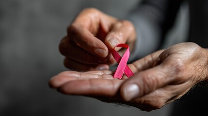Mains tenant délicatement un ruban rose symbole de lutte contre cancer