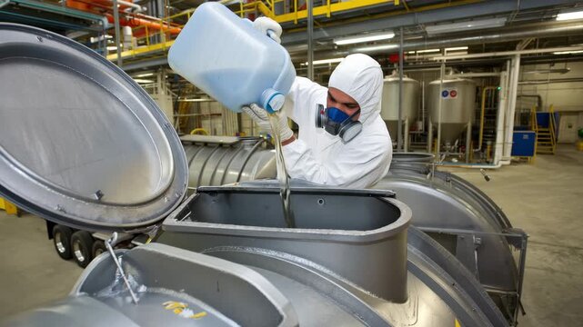 A worker in a safety suit and mask pours a blue chemical into a large tank at an industrial facility during daytime operations. Safety measures are visible in the environment to ensure protection