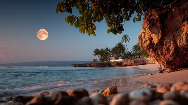 Plage tropicale paradisiaque au coucher de soleil avec pleine lune