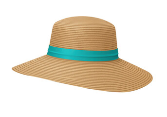 Isolated summer straw hat with teal ribbon, fashionable headwear for vacation or sun protection