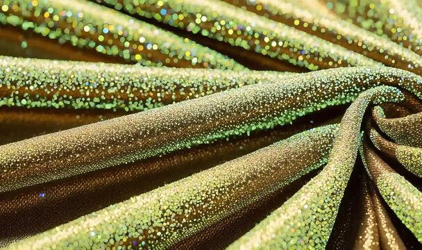 Golden Glittering Fabric Waves, Luxurious Background Shimmering with Bokeh, Glamorous Texture, Abstract Design, Textile Art, Elegant Material