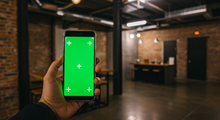 Person holding smartphone with green screen in modern loft office space, ready for creative content