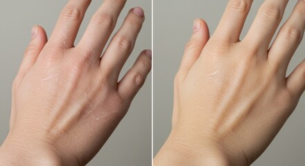 Side-by-side comparison of the back of a human hand, showing a before-and-after effect. The left side displays wrinkles, and textured skin, while the right side shows smoother