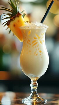 Fresh cool alcoholic drink cocktail on bar counter in night club. Pina colada. Lights bokeh. copy space for text. For menu