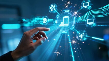 Interactive holographic display revealing interconnected technological ecosystem. Luminescent digital network visualization showcasing wireless communication through dynamic interface - Powered by Adobe
