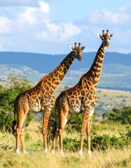 Two giraffes stand in a grassy savanna landscape
