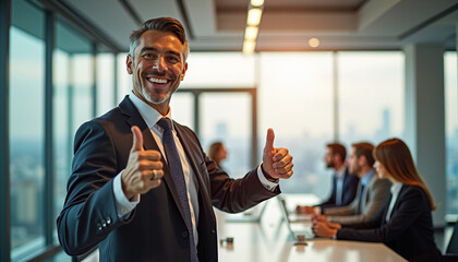 Businessman giving thumbs up in modern office during meeting  