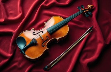 Fototapeta premium Orchestral violin with bow lies on elegant draped deep red velvet fabric. Classical string instrument, polished wood, polished varnish, dark fingerboard, tuner pegs, bridge, chin rest.
